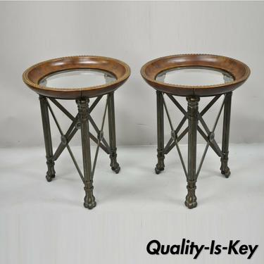 Regency Iron Brown Leather Round Glass Top End Tables attr Maitland Smith - Pair
