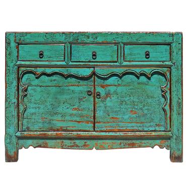 Chinese Distressed Bright Aqua Green 3 Drawers Sideboard Table Cabinet cs5166S