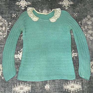 1930s Hand Knit Sweater With Lace Collar Seafoam Green Wool Vintage 40 Bust 