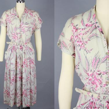 1940s BLEEDING HEARTS Flower Dress | Vintage 40s Grey &amp; Pink Floral Print Dress | medium 