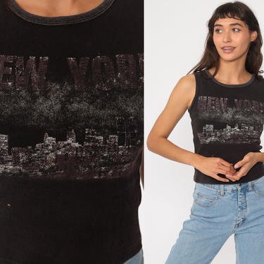 New York City Shirt 90s Skyline NYC Tank Top WTC Black 90s Vintage World Trade Center Crop 1990s Twin Towers Travel Small S 