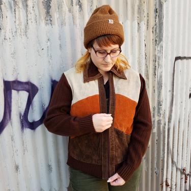 70s Suede Knit Jacket Large - Vintage Leather Sweater Jacket Zip Up Cardigan Brown Burnt Orange 
