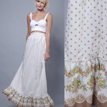 maxi skirt, ruffled skirt, polka dot skirt, vintage 70s cotton ruffle floral hem full length prairie hippie XS S  Extra Small / Small 