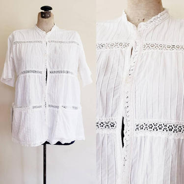 1960s White Pintucked Mexican Lace Blouse Top / 60s Crochet Lace Button Down Tunic Shirt Beach Cover Up Lounger / Large / Ulana 