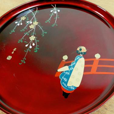 Vintage Nishikawa Red Lacquerware Round Tray | Geisha Bridge Flowering Tree Branches | Japan 