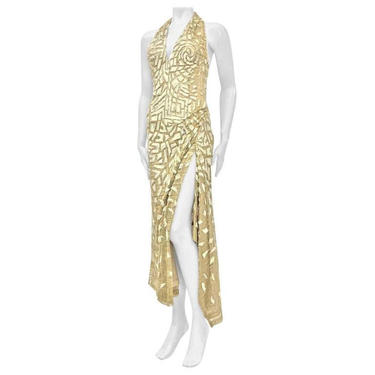 1990'S Gianni Versace Ateliér Metallic Gold Lamé Lace Gown Covered In Crystals  Velvet Appliqués 