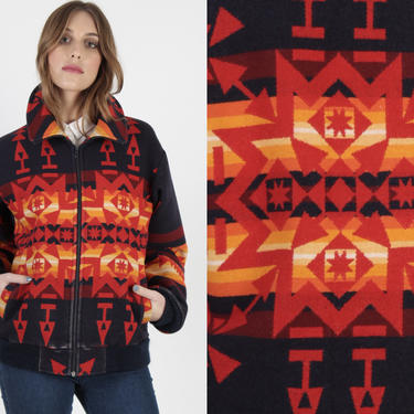 Vintage Navy Blue Pendleton Jacket 80s Andy Anderson Pendleton Jacket Native American Fire Print Red Wool Blanket Coat Bomber Small S 