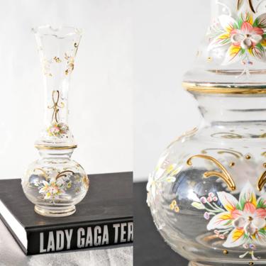 Vintage 80s Metallic Gold Textured Floral Hand Painted Vase | Bohemian, Home Decor, Centerpiece, Wedding | 1980s Boho Painted Glass Vase 