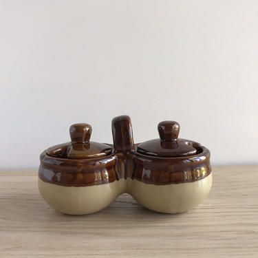 Double Condiment Server with Lids, Small Divided Stoneware Pottery with Handle and Covers, Vintage Kitchen Decor 