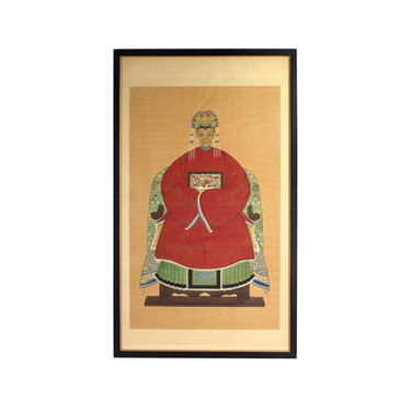 Antique Chinese Ancestor Portrait Painting on Silk Woman in Red Robe 