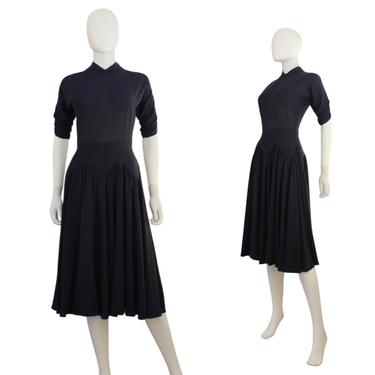 Early 1950s Navy Blue Rayon Swing Dress - 1950s Navy Blue Dress - Vintage Swing Dress - 1950s Blue Dress - Vintage Rayon Dress | Size Small 