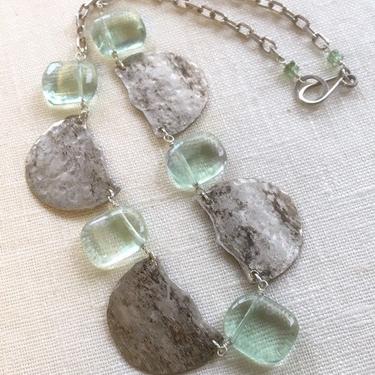 Green Ice [assemblage necklace: vintage silverplate, fluorite, apatite, sterling silver] 