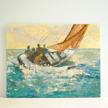 Vintage Sailboat Painting, Seascape Painting, Sailing Boat Original Signed Painting on Canvas Board 