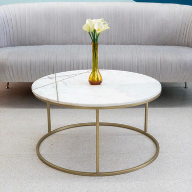 White Marble Coffee Table with Gold Geometric Stripes