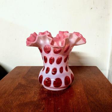 Vintage Fenton Glass Cranberry Opalescent Coin Dot 6 Double Crimped Vase 