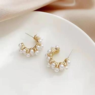 E083 pearl hoop earring, large pearl earring, gold hoop earring, open hoop earring, pearl earring, gift for her, gold earring, boho earring 