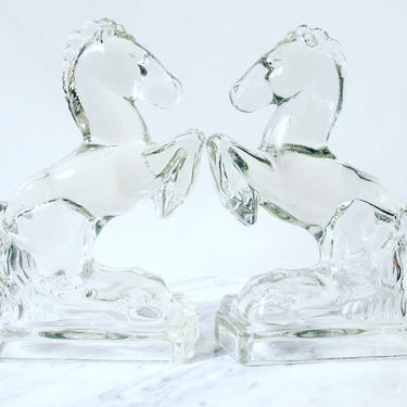 Set of 2 Vintage Clear Rearing Horse LE Smith Glass Bookends 