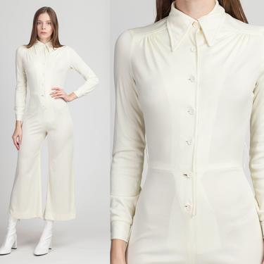 70s Retro White Flared Leg Jumpsuit - Extra Small | Vintage Semi Sheer Button Up Long Sleeve Collared Leisure Suit by FlyingAppleVintage