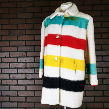 Vintage 1960s Authentic Wool Stripe Hudson Bay Point Blanket Coat Size Large/Extra Large 