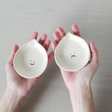 Teardrop Ceramic Dish Set - Happy Sad Face - Handmade Modern Pottery - Appetizer/Side/Dessert Plate Pair - Jewelry Ring Trinket Tray - Emoji 