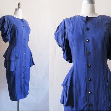Vintage 80s Washed Silk Puff Sleeve Dress/ 1980s Navy Blue Button Up Dress with Ruffle Peplum/ Size Small Medium 
