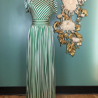 1940s holiday gown, green and white striped, vintage 40s dress, rayon jersey, size small, Christmas dress, old Hollywood, film noir style 