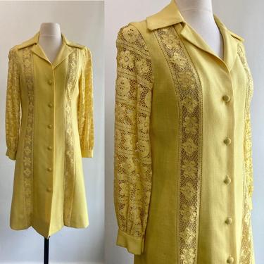 Classy 60s 70s MOD LINEN Coat Dress / LACE Cage Sleeves / Shannon Rogers for Jerry Silverman 