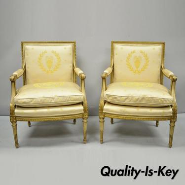 Pair French Louis XVI Neoclassical Gold Silk Fauteuil Parcel Gilt Arm Chairs