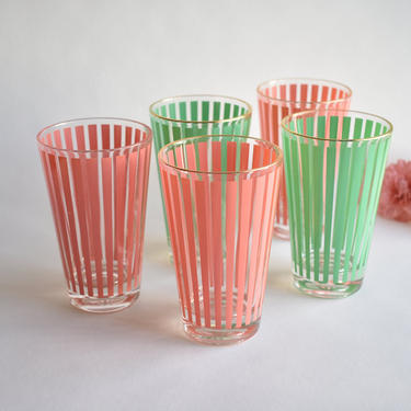 Vintage Cocktail Tumblers | Set of 5 Striped Mid-Century Briard Press Culver Style Glasses | Coral Pink + Mint Jade Green Stripe w. Gold Rim 