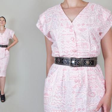 1980's Printed Shirtdress | 80s Does 50s Pencil Dress 