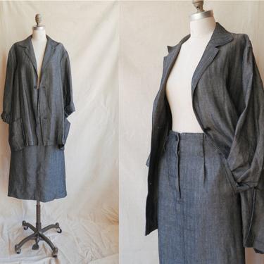 Vintage 90s Yohji Yamamoto Linen Suit/ 1990s Skirt and Oversized Blazer Set/ Heringbone Suit/ Size Medium 