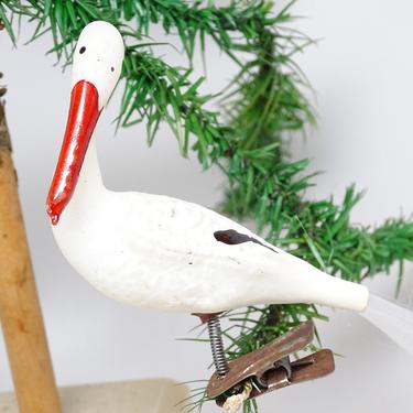Antique White Glass Swan Christmas Tree Clip On Ornament with Spun Glass Tail, Vintage Hand Blown Bird 