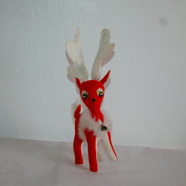 Vintage Christmas Red sawdust stuffed Plush Velveteen Christmas Decor Reindeer / Deer w White Antlers Figure in the DAKIN Dream Pet Style 