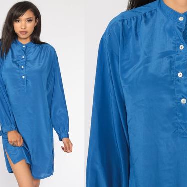 Blue Mini Dress 80s Plain Button Up Dress Vintage Long sleeve Shirtdress Shift Dress Casual Basic Medium Large 