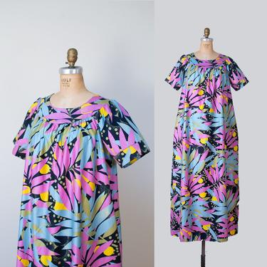 1980s Mumu / 80s Cotton Floral Print Maxi Dress Caftan 