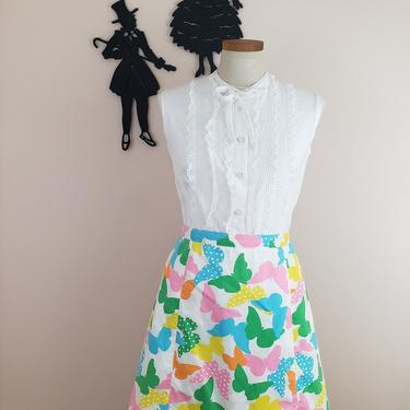 Vintage 1950's Novelty Print Skirt / 60s Keys Clocks Butterfly Gathered Skirt XL 