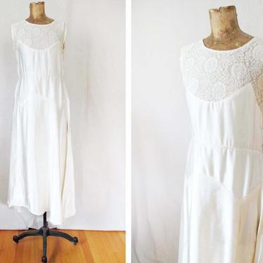 Vintage 1930s White Satin Rayon Dress Small - Art Deco 30s Sleeveless Lace Illusion Midi Dress - Flapper Wedding - Condition Issues Read 