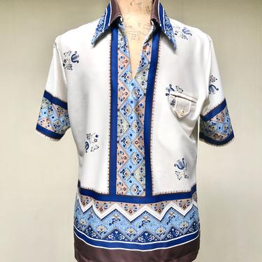 Vintage 1980s Mens Resort Shirt, Beige Short Sleeve Casual Shirt, Neo-Classical Border Print, Miami Hipster, Good Fellas,  Large 44 Chest 