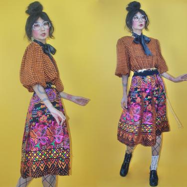 Vintage 1980s Diane Freis Groovy Paisley Geometric Houndstooth Pattern Mix Puff Sleeves Silk Dress/SZ S M/80s 90s 1990s Pleated Designer 