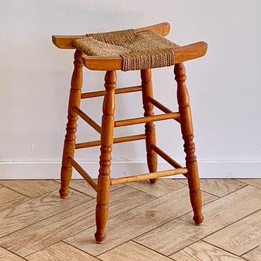 Vintage Woven Seat Stool - Rustic Woven Rush Seat Stool - Woven Grass Seat - Grass Patterned Seat - Turned Wood Stool 