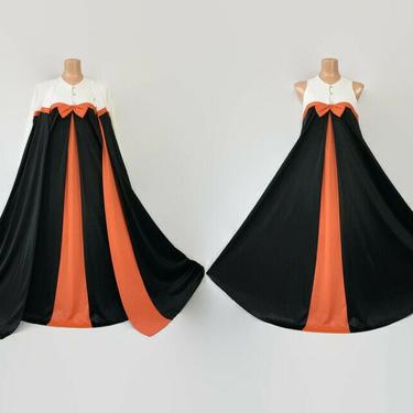 VINTAGE 60s RARE Vanity Fair Color Block MCM Peignoir Set In Orange and Black | 1960s Full Sweep 2 pc Nylon Nightgown and Robe Boudoir Set 