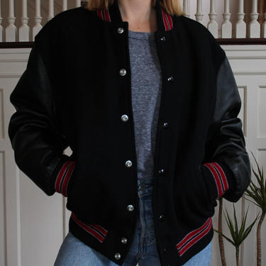 Vintage Rennoc Classic Wool & Leather Black Varsity Jacket Unisex Size S M  - Like New 