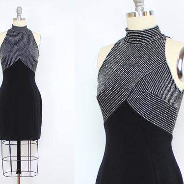 Vintage 90&#39;s Black and Silver TADASHI Mini Dress / 1990&#39;s Stretchy Body Con Mockneck Mini Dress / Women&#39;s Size Small by RubyThreadsVintage