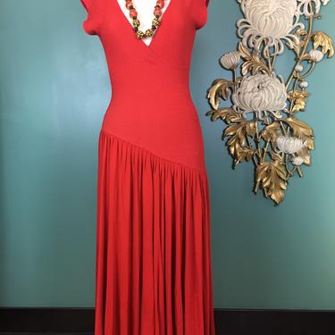 1980s dress, wrap style, vintage 80s dress, tomato red, ribbed jersey, cap sleeves, asymmetrical, full skirt, size small, tehen, minimalist 