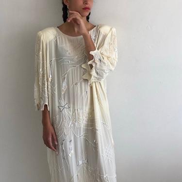 80s beaded silk dress / vintage creamy white sheer silk organza hand beaded embellished tunic dress | L 