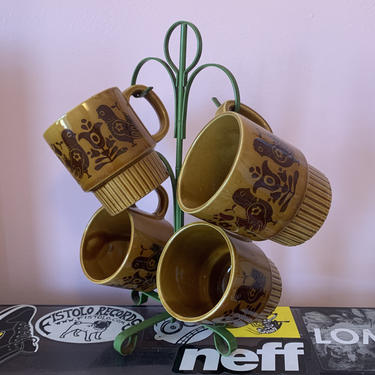 60s Vintage Folk Bird Mug Set with Tree Stand 