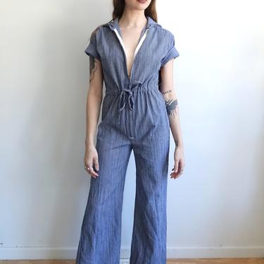 Vintage 70s Denim Bell Bottom Jumpsuit/1970s Zip Up Striped Blue Cotton Coveralls/ Deadstock/ Sailor Style/ Size Small 