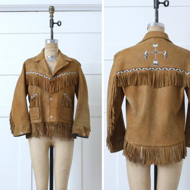 womens vintage 1950s western jacket • beaded deerskin suede • handmade fringe jacket 