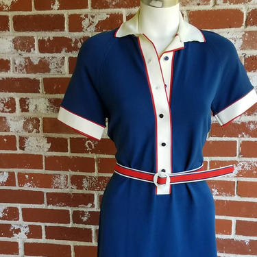 Vintage 60s Navy Red Wh Knit Mini Dress 