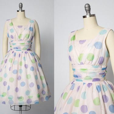 Vintage 1960s Dress | 60s Balloon Novelty Print Nylon Chiffon &amp; Tulle Crinoline Full Skirt Birthday Party Dress (small) 